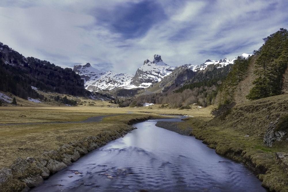 See inmitten von grünem Grasfeld und Bergen unter weißen Wolken und blauem Himmel