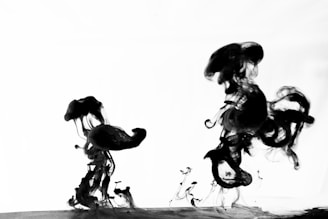 Black ink swirls and spreads in clear liquid, creating abstract shapes against a bright background. The fluid forms intricate, flowing patterns with a mix of thick and thin tendrils as the ink disperses.
