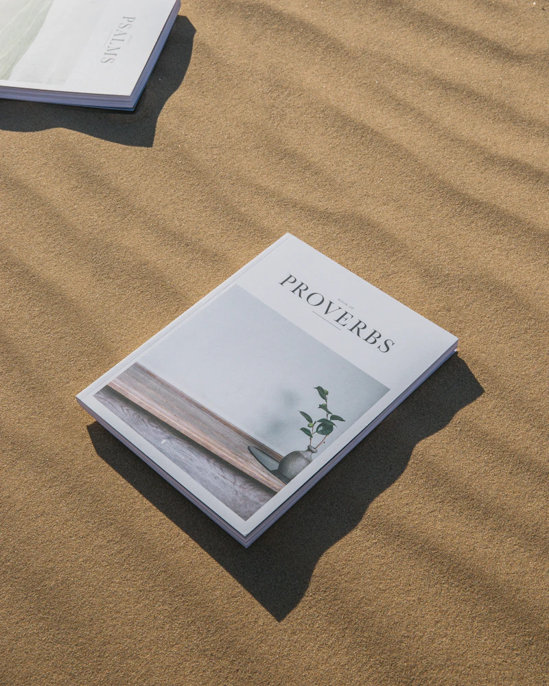 Open poetry book resting on desert sand
