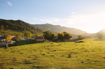A tranquil landscape featuring a grassy field leading up to rolling hills under a clear blue sky. A rustic stone house with a red roof is nestled among trees, with sunlight casting warm tones across the scene. The background shows mountains with a gentle sunlight glow on the horizon.