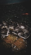 A group of turtles is gathered on a flat surface surrounded by water, with foamy bubbles visible on the water's surface. Some turtles are partially submerged and a few others are stacked on top of each other. In the upper part of the image, a hint of a fish with some orange coloring can be seen.