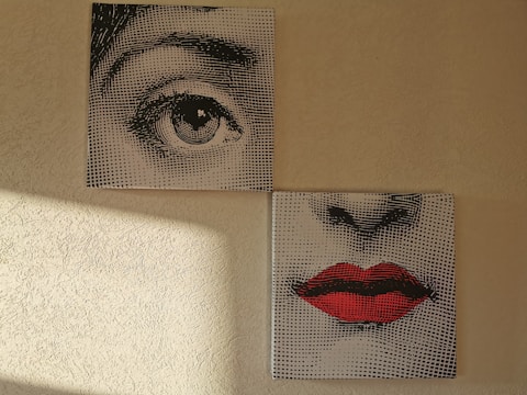 Two separate canvases depict fragments of a face. The upper canvas shows a detailed illustration of an eye, while the lower canvas displays a nose and a pair of red lips. The artworks have a dotted screen effect, reminiscent of pop art. Light from a window casts a shadow on the textured wall beside them.