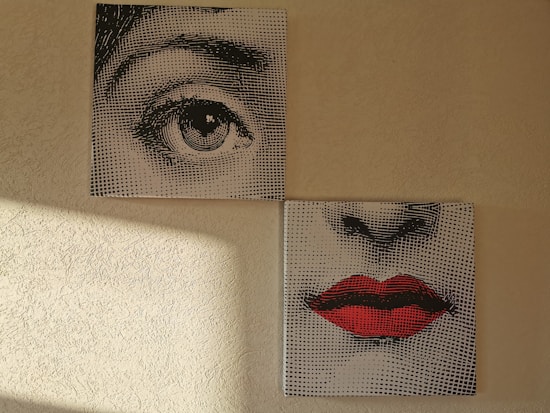 Two separate canvases depict fragments of a face. The upper canvas shows a detailed illustration of an eye, while the lower canvas displays a nose and a pair of red lips. The artworks have a dotted screen effect, reminiscent of pop art. Light from a window casts a shadow on the textured wall beside them.