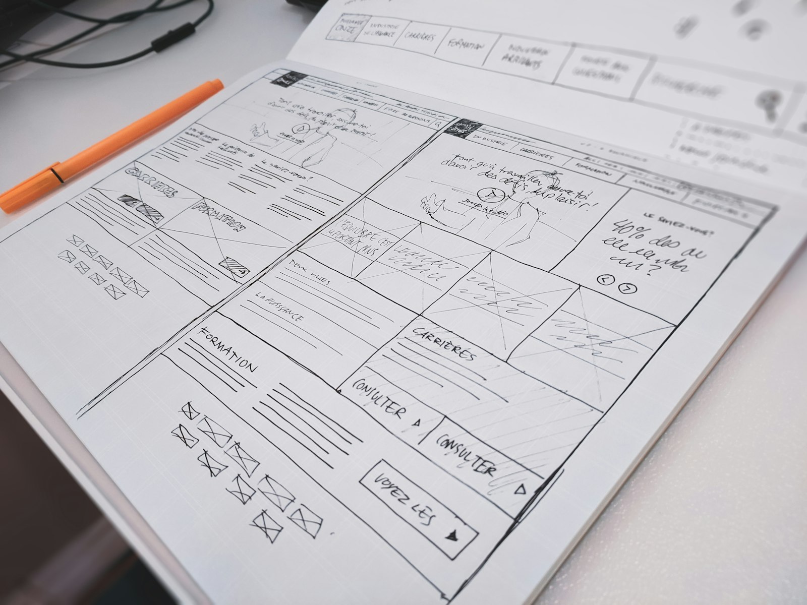 Hand-drawn website wireframe on paper with an orange pen on a desk
