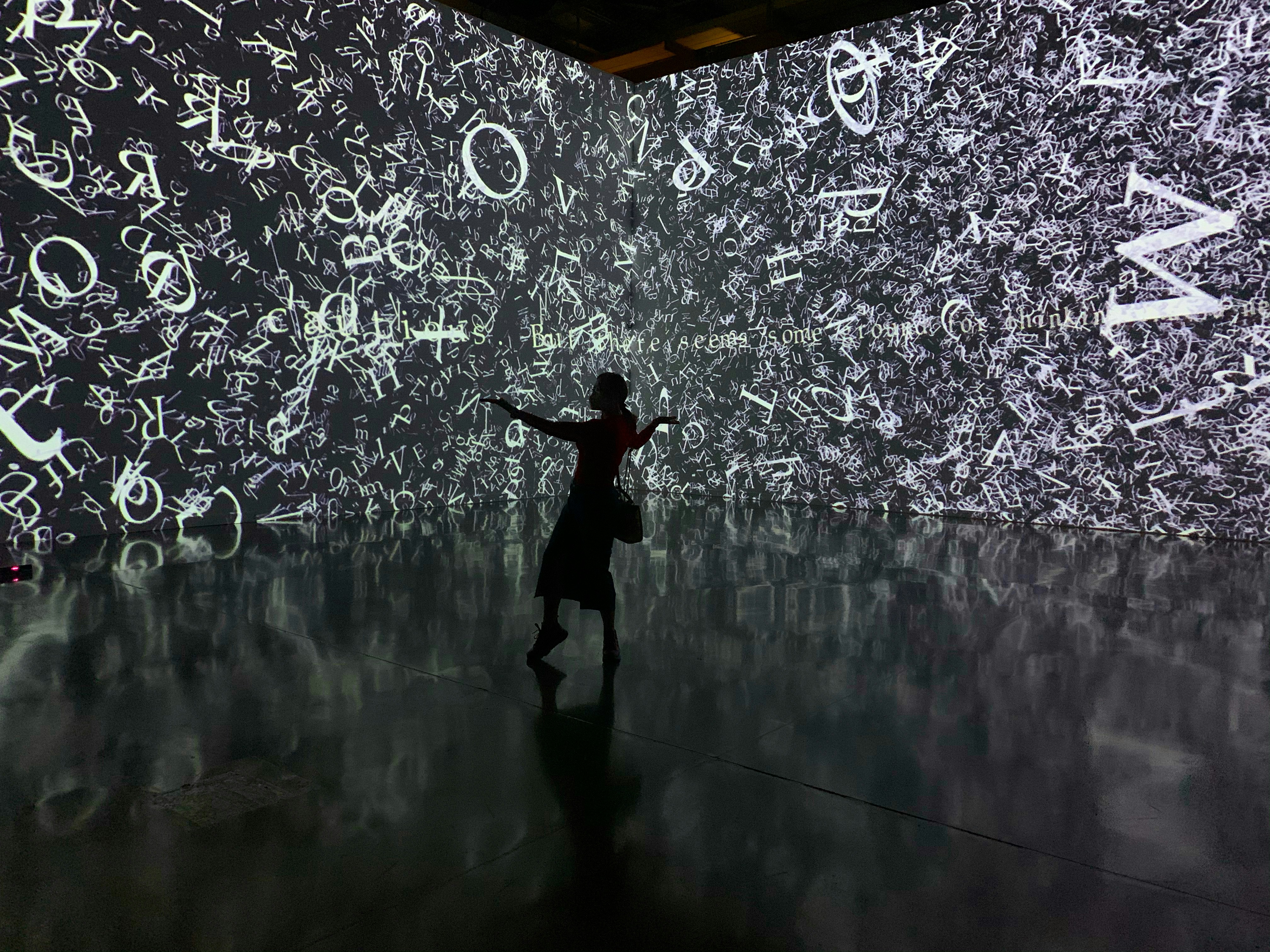 A silhouette of a person stands in front of an immersive digital wall covered in a chaotic array of white letters and symbols on a dark background. The reflective floor adds depth, mirroring the imagery above.
