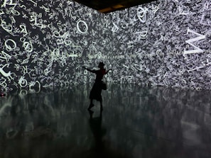 A silhouette of a person stands in front of an immersive digital wall covered in a chaotic array of white letters and symbols on a dark background. The reflective floor adds depth, mirroring the imagery above.