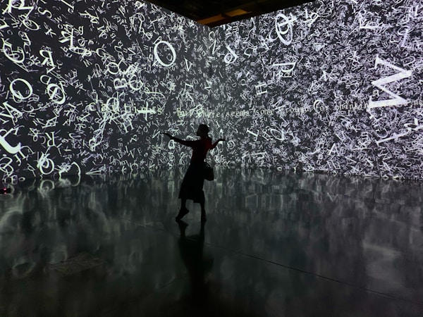 A silhouette of a person stands in front of an immersive digital wall covered in a chaotic array of white letters and symbols on a dark background. The reflective floor adds depth, mirroring the imagery above.