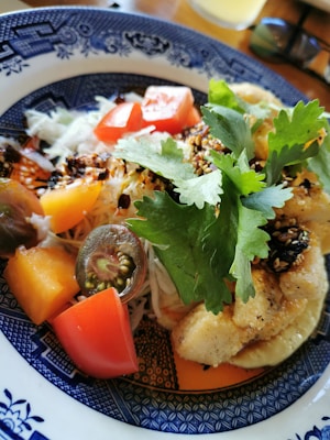 A colorful dish featuring fresh vegetables and herbs arranged on a blue and white patterned plate. Slices of red and orange tomatoes, along with green cilantro leaves, sit on a bed of cabbage. The dish also includes pieces of lightly grilled chicken seasoned with sesame seeds.