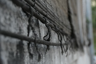 A close-up view of a weathered, textured surface with horizontal metal rods embedded in concrete. The rods are visibly corroded, and the concrete appears stained and aged, suggesting neglect or decay.