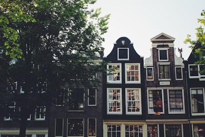 A row of traditional European-style buildings with tall, narrow facades and distinctively designed gables, surrounded by lush green trees. The architecture reflects historic charm, with large windows and detailed brickwork.