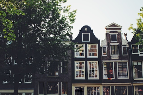 A row of traditional European-style buildings with tall, narrow facades and distinctively designed gables, surrounded by lush green trees. The architecture reflects historic charm, with large windows and detailed brickwork.
