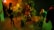 A group of people in a dimly lit, jungle-like environment with lush green foliage. They appear to be exploring or preparing for an adventure. The lighting creates deep shadows and a mysterious atmosphere with a warm orange and green tint.