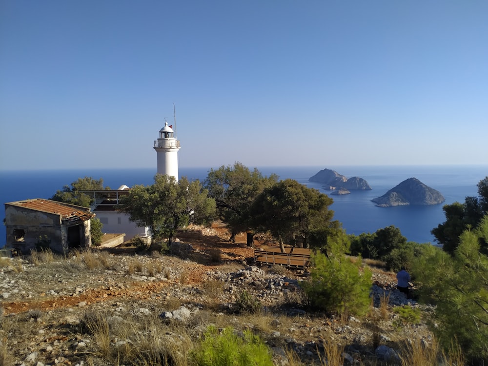 white lighthouse on top of hill near body of water during daytime