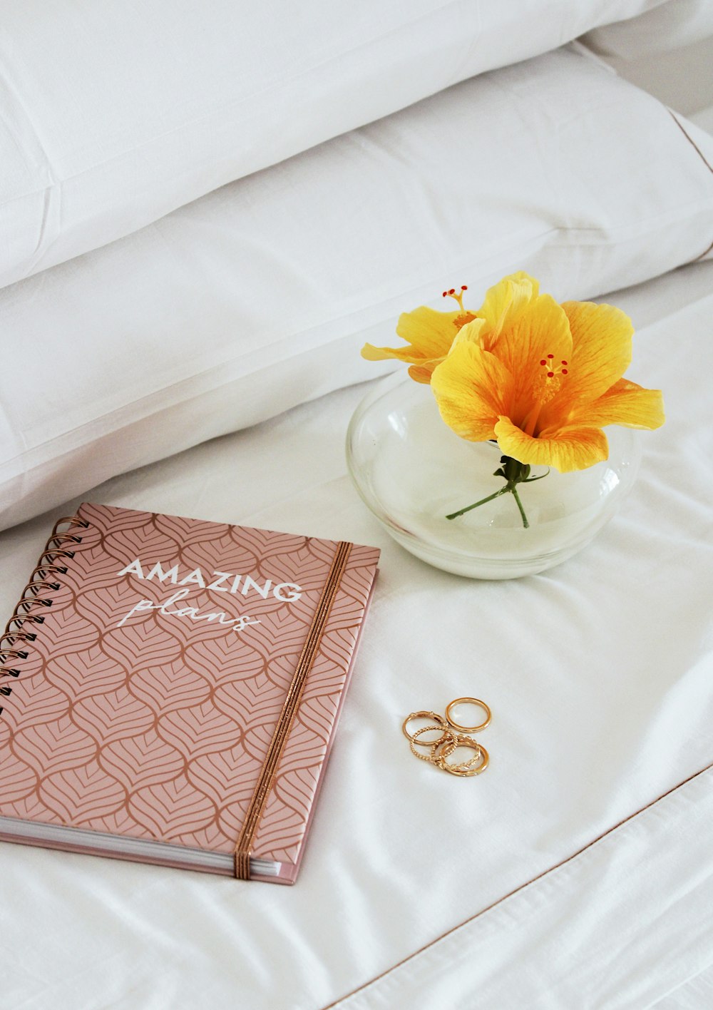 pink book beside yellow flower on white ceramic saucer