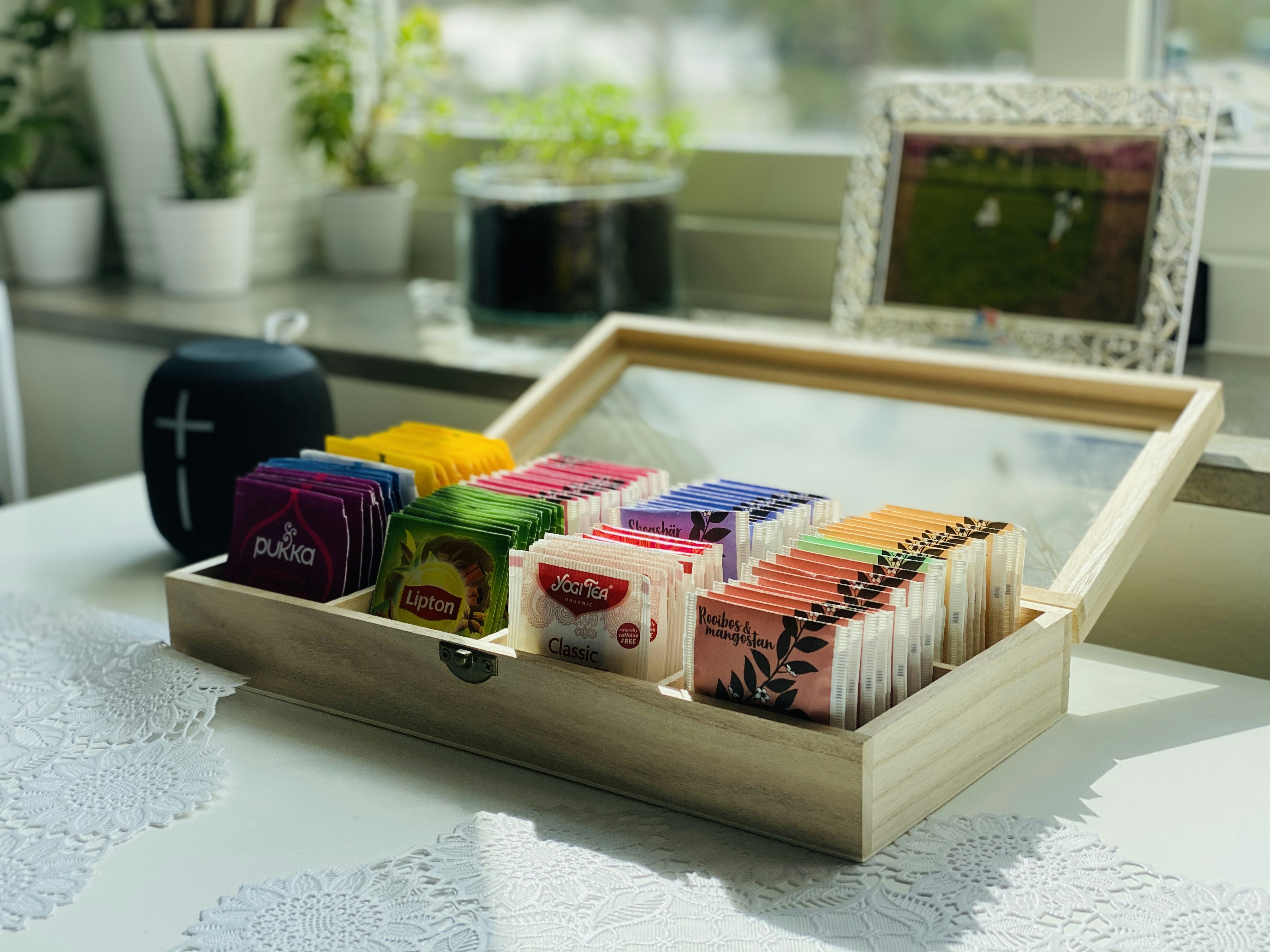 Elegant tea gift set with assorted premium tea bags in decorative wooden box