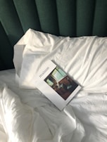 A magazine titled 'maison' rests on a neatly made bed with white linens and a green upholstered headboard. The image on the magazine cover shows an interior scene with a window and a chair.