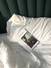 A magazine titled 'maison' rests on a neatly made bed with white linens and a green upholstered headboard. The image on the magazine cover shows an interior scene with a window and a chair.