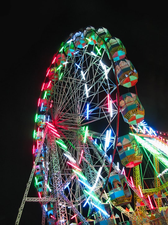 green and yellow ferris wheel during night time in Pushkar India