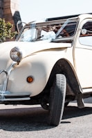 white classic car parked near green tree during daytime