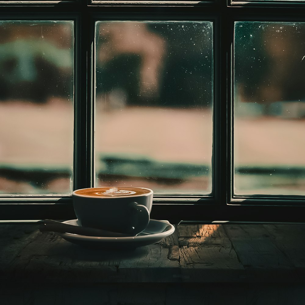 taza de té de cerámica blanca en platillo sobre mesa de madera marrón