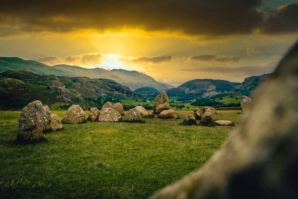 green grass field with rocks and mountains in distance