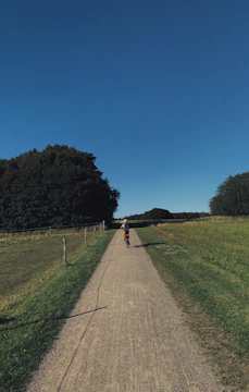 A rider cruising past green parks and trees on a sunny day.