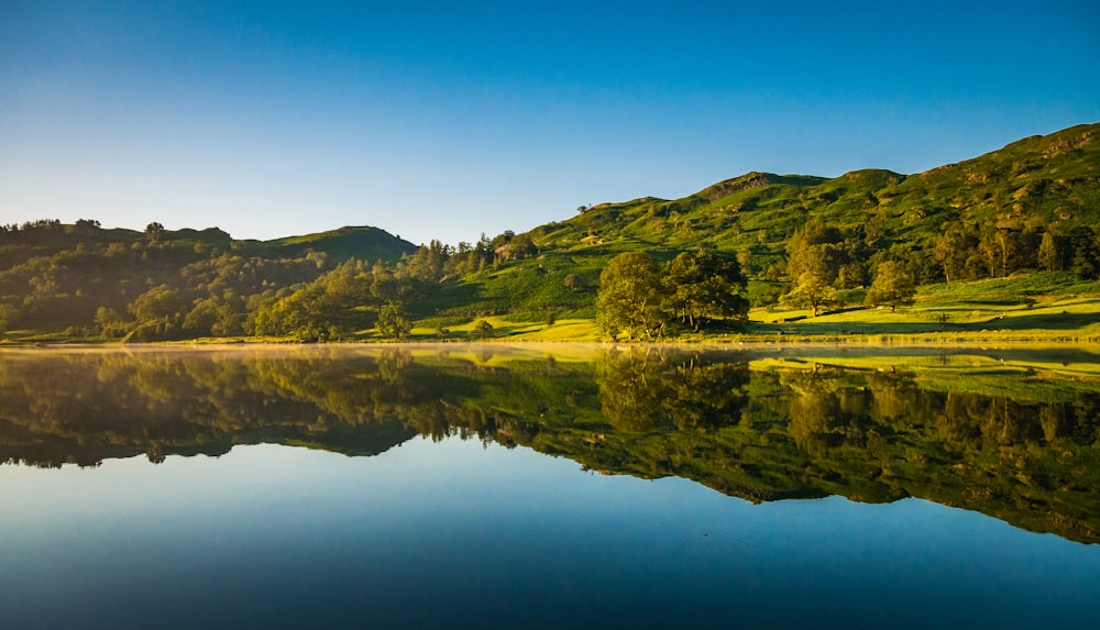 green grass field beside lake under blue sky during daytime