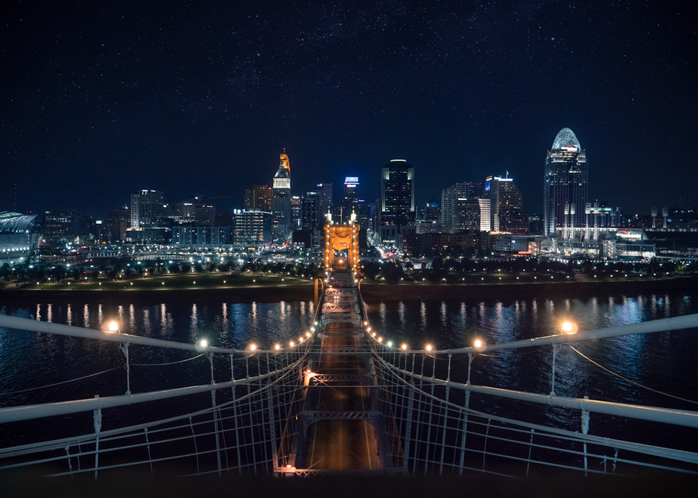 lighted bridge during night time