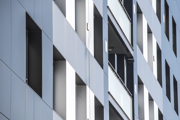 Newly constructed commercial building facade showing sleek design and precise structure