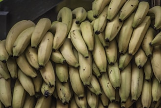 A large cluster of bananas arranged closely together, each banana is mostly ripe with a few showing slight spots indicating ripeness. The bananas are positioned in a display setting, possibly in a market or store.