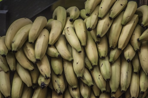 A large cluster of bananas arranged closely together, each banana is mostly ripe with a few showing slight spots indicating ripeness. The bananas are positioned in a display setting, possibly in a market or store.