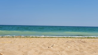 A private beach with golden sand and calm blue waters under a clear sky.