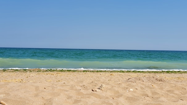 A private beach with golden sand and calm blue waters under a clear sky.