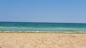 A tranquil beach with golden sand stretching out towards a calm, turquoise sea. The sky is clear and blue, seamlessly blending with the horizon. Gentle waves are lapping at the shore, and a line of seaweed marks the tideline.