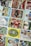A collection of vintage football trading cards featuring various players in action poses and portrait shots. The cards display logos and names of well-known football teams like the Rams and Patriots, with some cards honoring specific achievements like 'Record Breaker'.