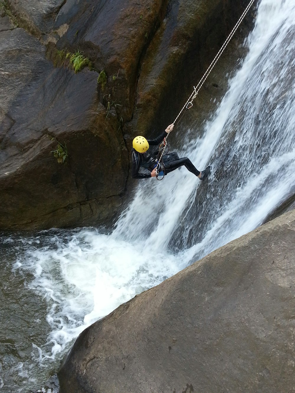 man in black jacket and black pants sitting on rock near waterfalls during daytime