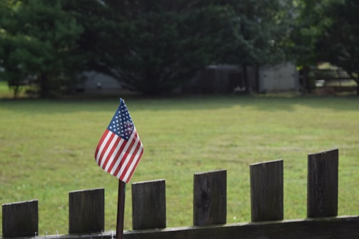A small American flag is placed in front of a wooden fence. The background features a lush green lawn and dense trees providing a natural, serene setting.