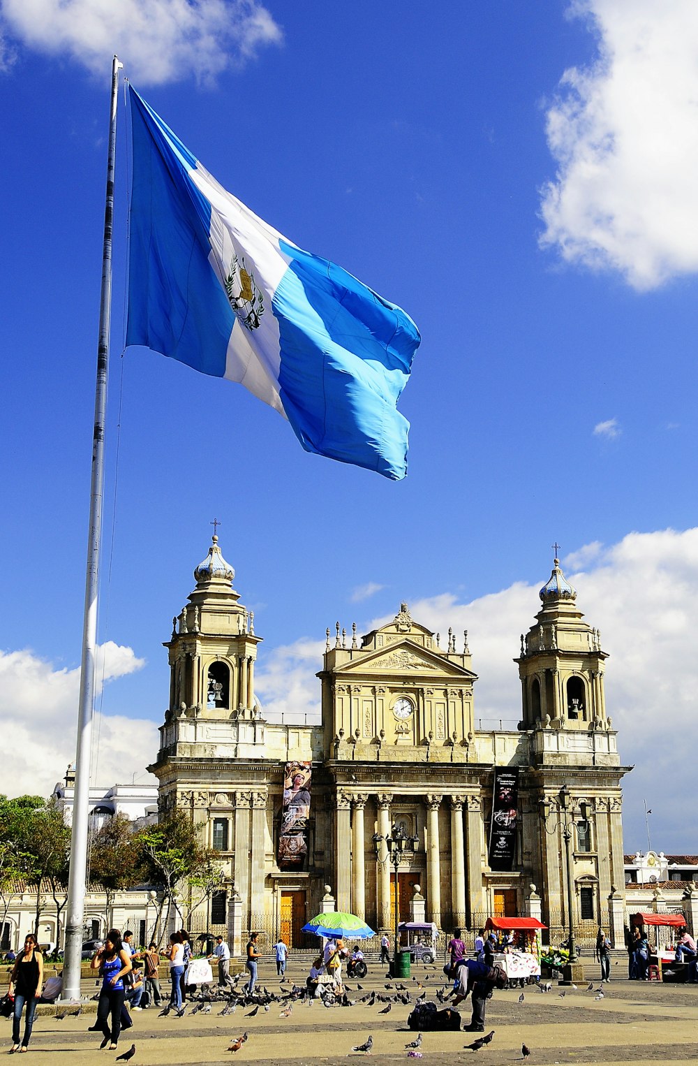 white and blue flag on pole