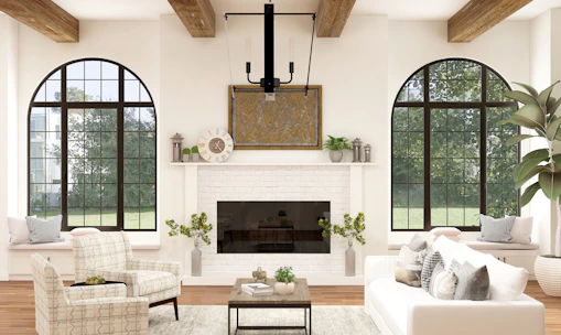 white sofa chair near fireplace