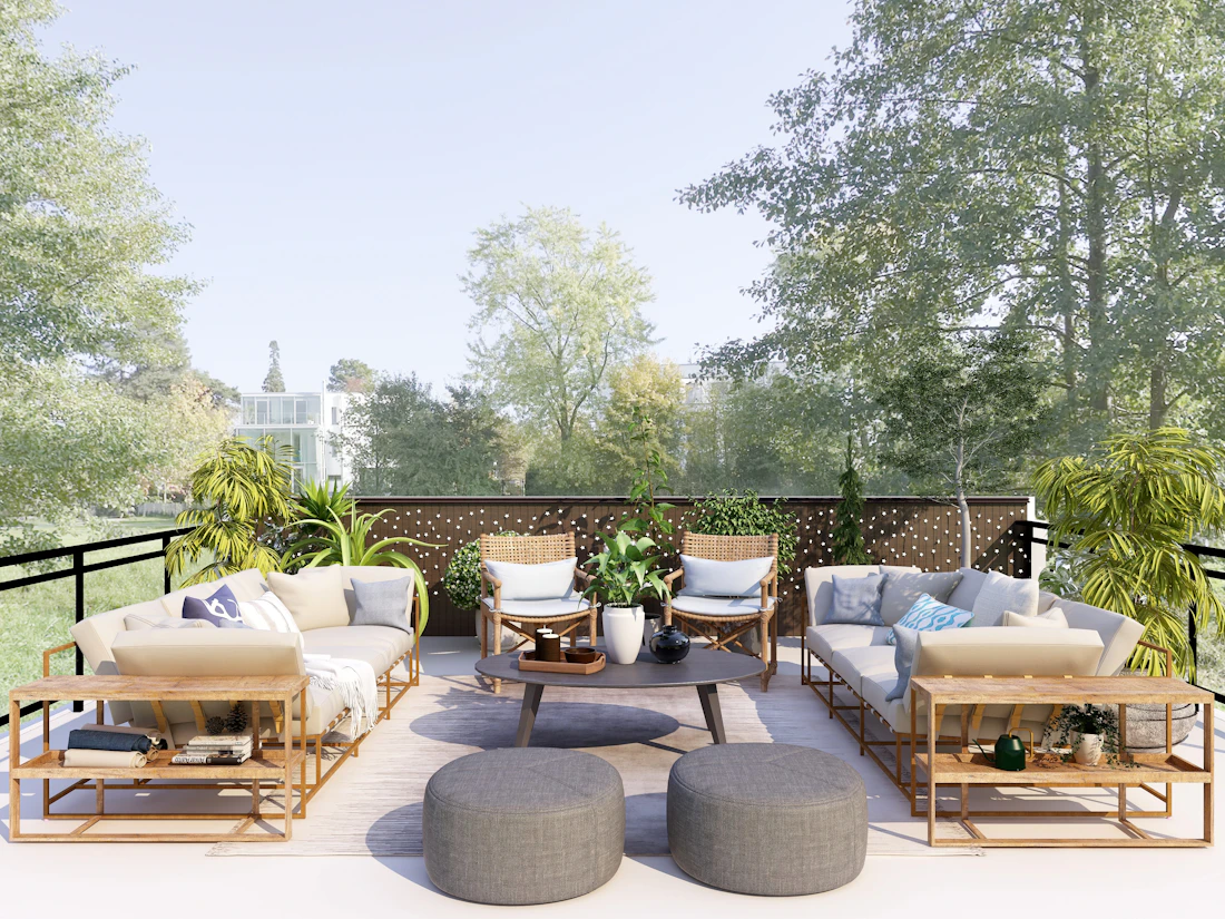 A simple outdoor seating arrangement within the courtyard.