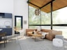 living room with brown sofa and glass window