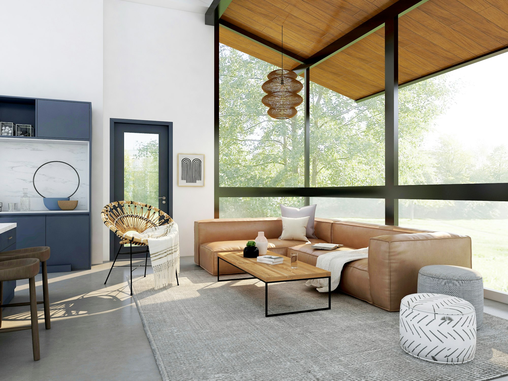 luminoso soggiorno moderno con finestre panoramiche, combinato con cucina