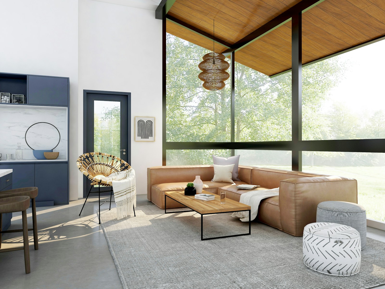 Interior moderno de una casa al atardecer