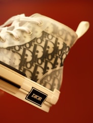 A close-up of a designer sneaker featuring a translucent upper with the word 'Dior' repeatedly printed in gray. The shoe has white laces and metallic eyelets, and the sole is white with a black rectangular label displaying 'Dior' in white letters. The background is a solid warm orange-brown color, creating a strong contrast with the light colors of the shoe.