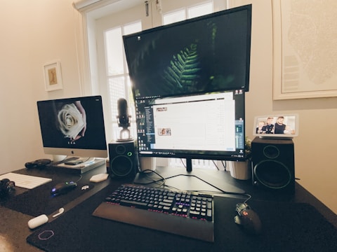 A modern computer setup featuring two large monitors, one displaying a fern and the other showing a desktop screen with a flower. There is a backlit keyboard and a mouse on the desk, along with a microphone and speakers. A photo frame and small decorations can be seen, and natural light enters through a window with a light-colored blind.