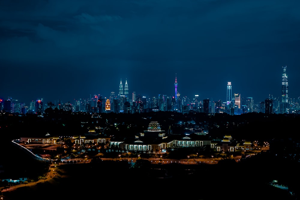 city skyline during night time