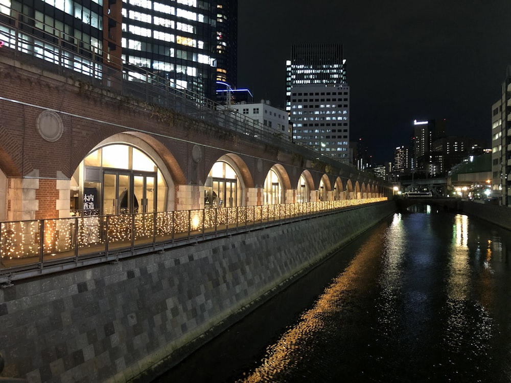 gray concrete bridge over river during night time