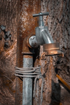 A metal water tap is attached to a rusty pipe, with a rope tied around the pipe. The background consists of a textured tree bark, providing a rustic and natural setting.