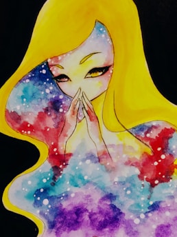 A stylized illustration featuring a figure with long yellow hair covering one eye, while the other eye is closed. The figure's upper body appears to be blending into a colorful cosmic background with hues of blue, purple, red, and white, resembling a galaxy. The hands of the figure are placed together near the face, giving a contemplative or serene expression.