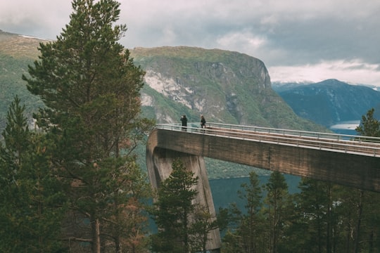 person standing on bridge over river during daytime in Aurlandsfjord Norway